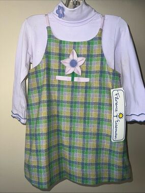 Vintage Florence Eiseman Green Plaid Jumper with Pink Flower Appliqué